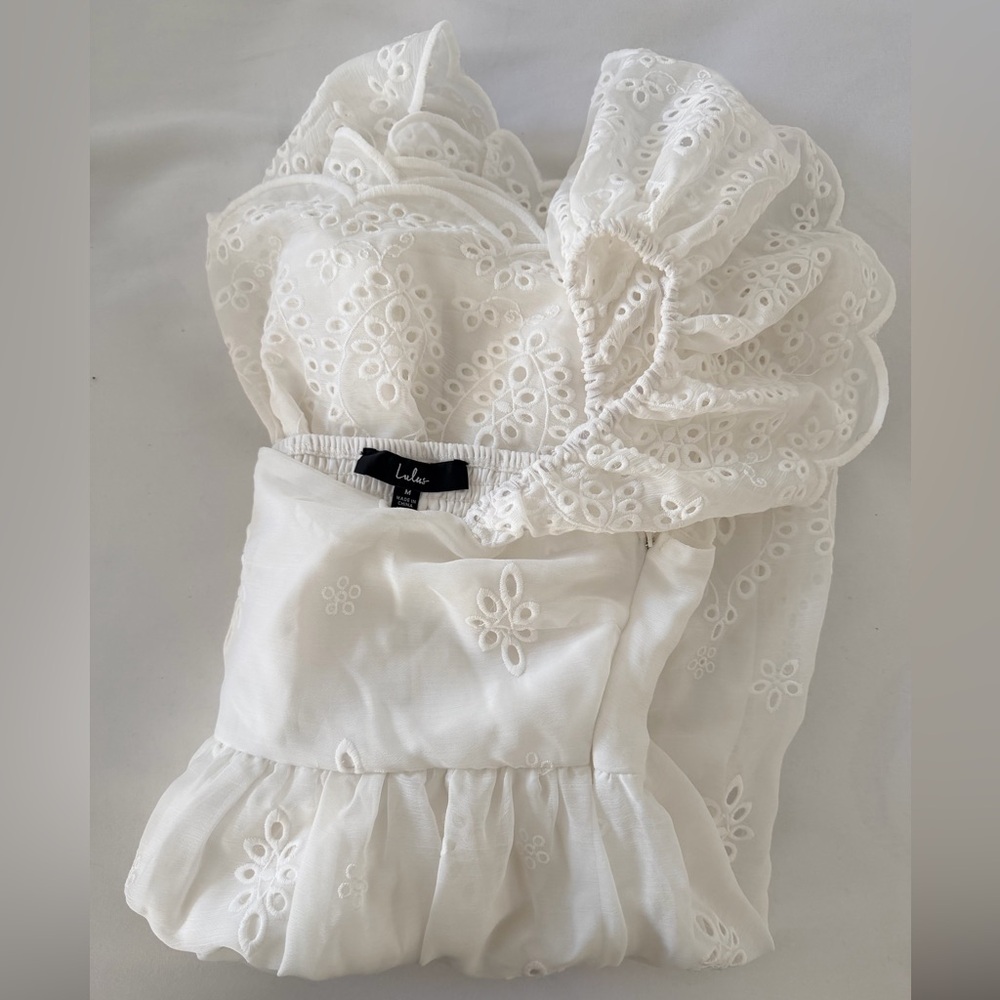 Lulus Parisian Perfection White Embroidered Flutter Sleeve Mini Dress - Size M - Picture 6 of 6